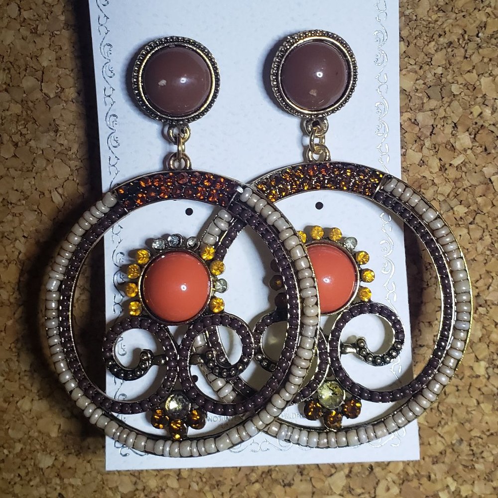 Big Beaded Orange Circle Earrings With Rhinestones